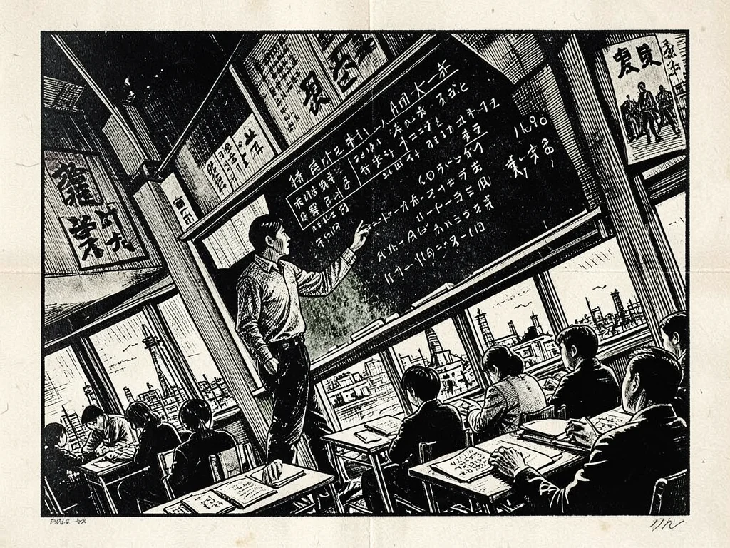A teacher at a chalkboard covered in equations, students at desks below, the cla