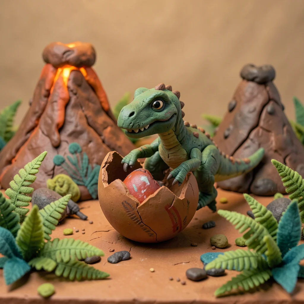 A clay dinosaur hatching from an egg, the shell cracking, a prehistoric landscap
