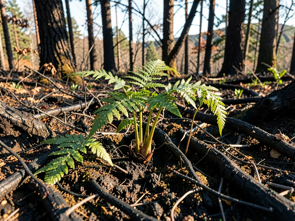 Burned forest floor with first fern uncurling