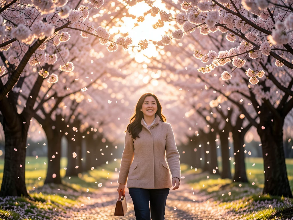 Woman walking under canopy of cherry blossom trees in full bloom, petals driftin