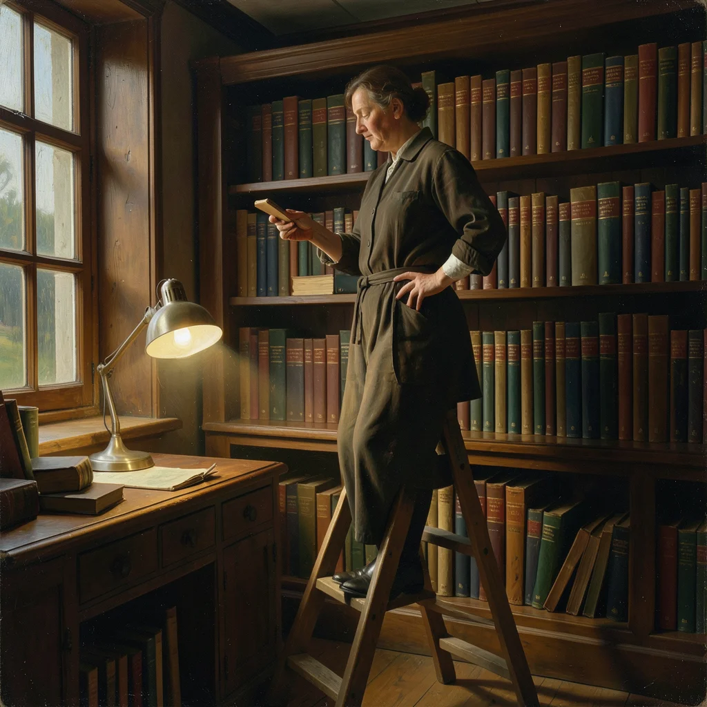 A librarian reshelving books, standing on a small ladder, warm light from a desk