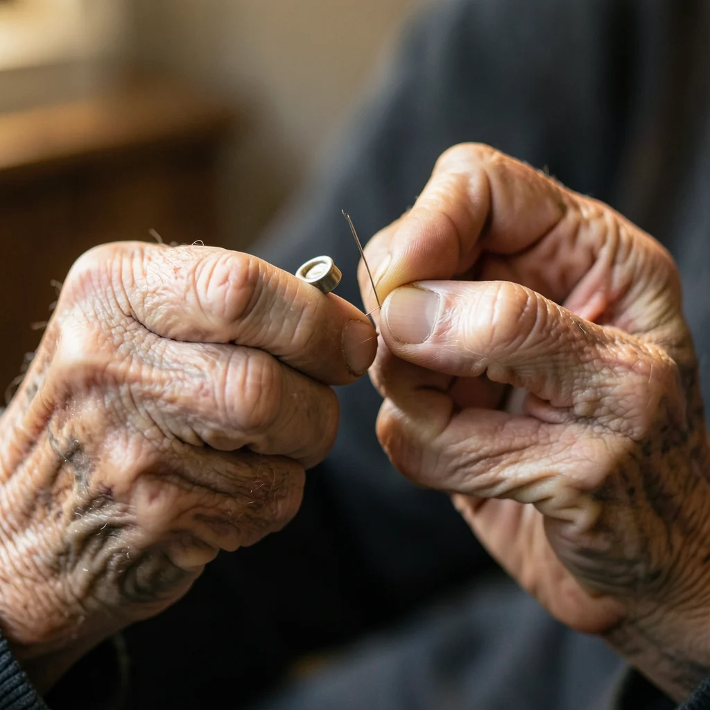Hands with arthritis carefully threading a needle, the determination visible, th