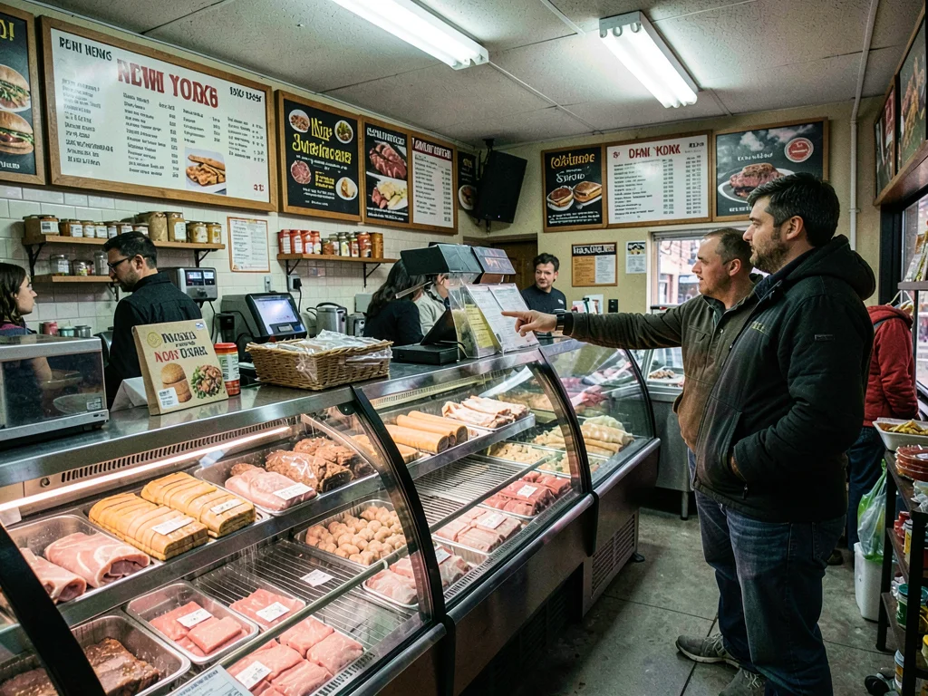 Sandwich station, cold cuts visible in case, customer pointing at menu board