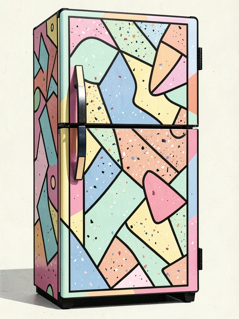 Refrigerator Memphis redesign, door handles geometric shapes, terrazzo front pan