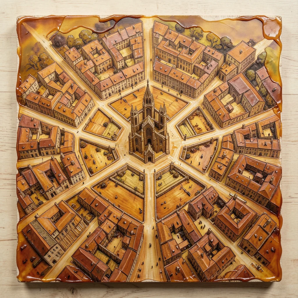 A medieval European city center with radiating streets from a central cathedral 