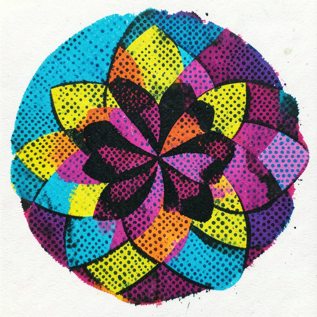 Extreme closeup of CMYK halftone rosette pattern where all four inks overlap, ge