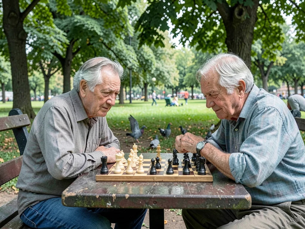 Two old friends playing chess in a park, one mid-move, the other squinting skept