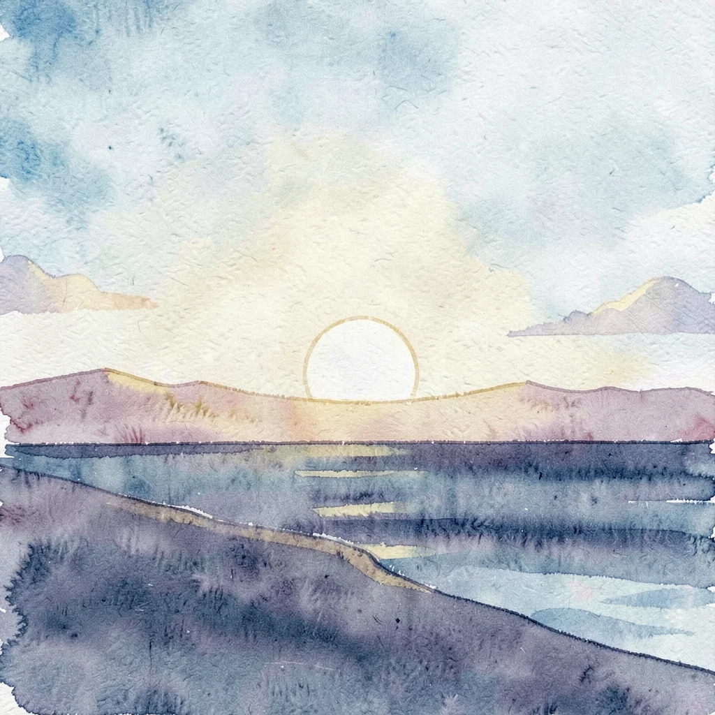 Flat illustration of a horizon-line landscape with a low sun and tonal palette