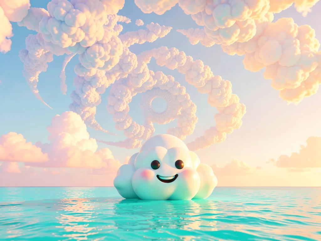 Wide turquoise sea horizon meeting cumulus-fractal pastel sky with a single smil
