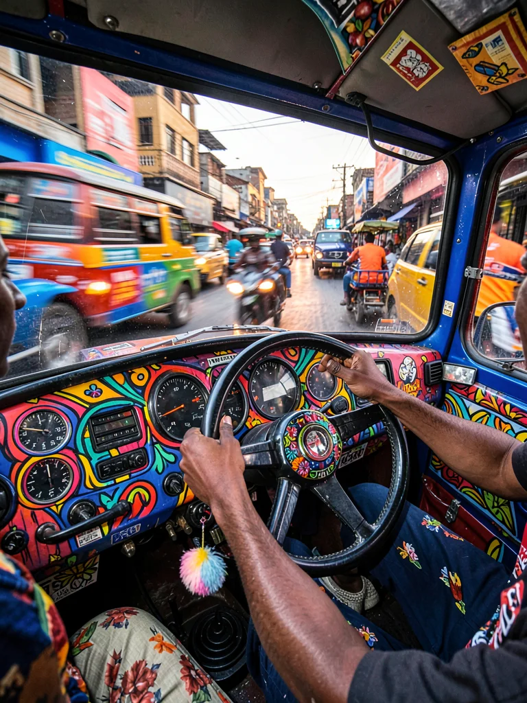 Kinetic Nairobi street energy, panned motion blur with sharp details, Driver's h