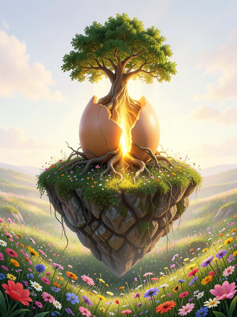 A floating island in a pale sky covered entirely in wildflowers, with a single e