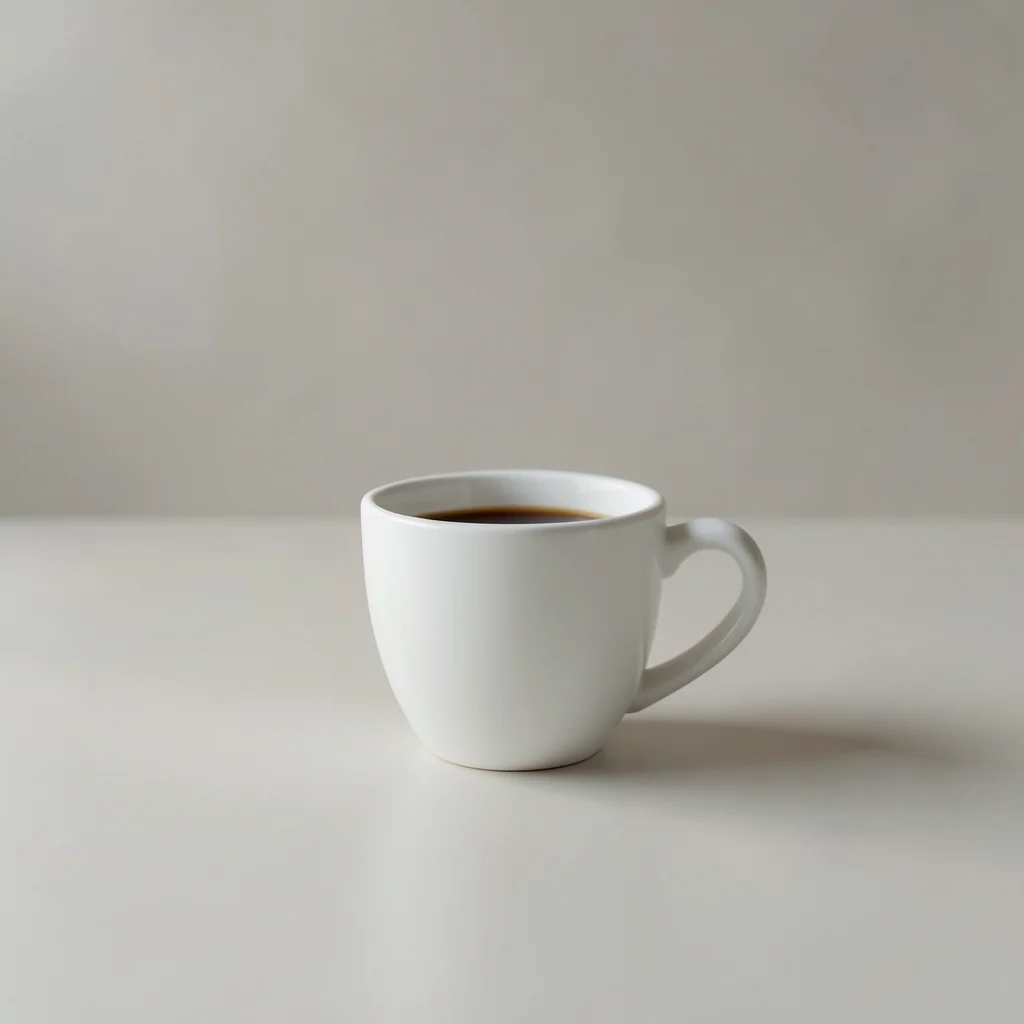 Minimalist photography of a single white coffee cup centered on a clean matte surface, soft natural window light, subtle