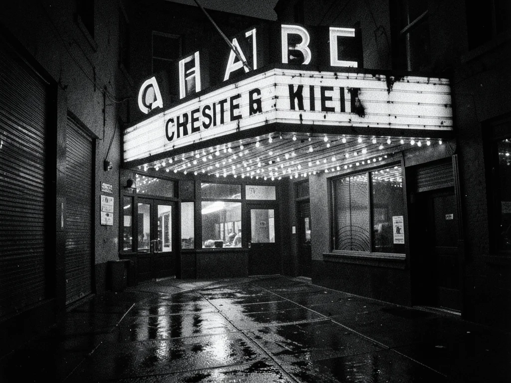 Abandoned cinema marquee with half the bulbs burnt out, rainy sidewalk, lonely a