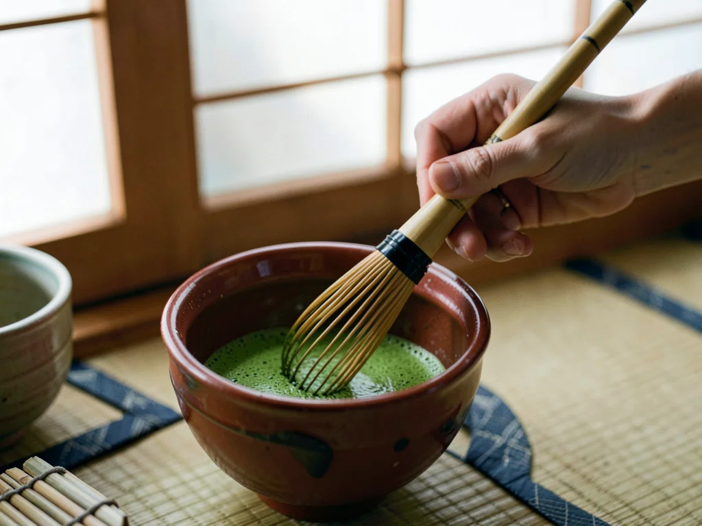 Chasen whisking motion in bizen chawan