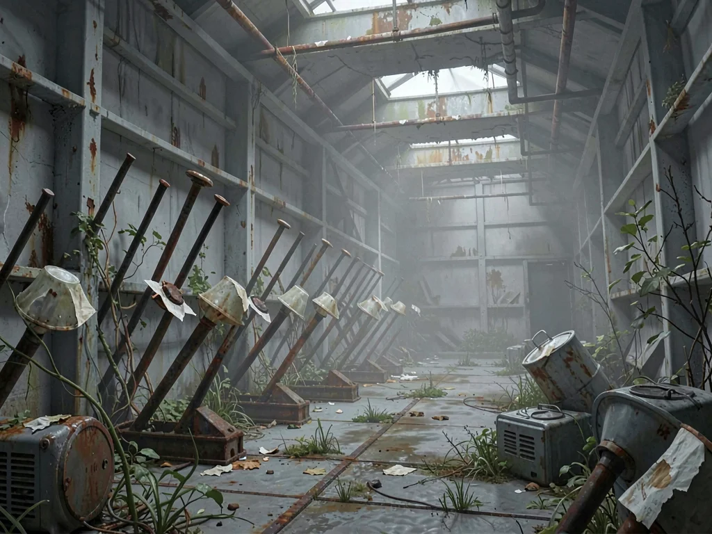 Inside a former chlorine plant cell room with rows of tilted electrodes and plas