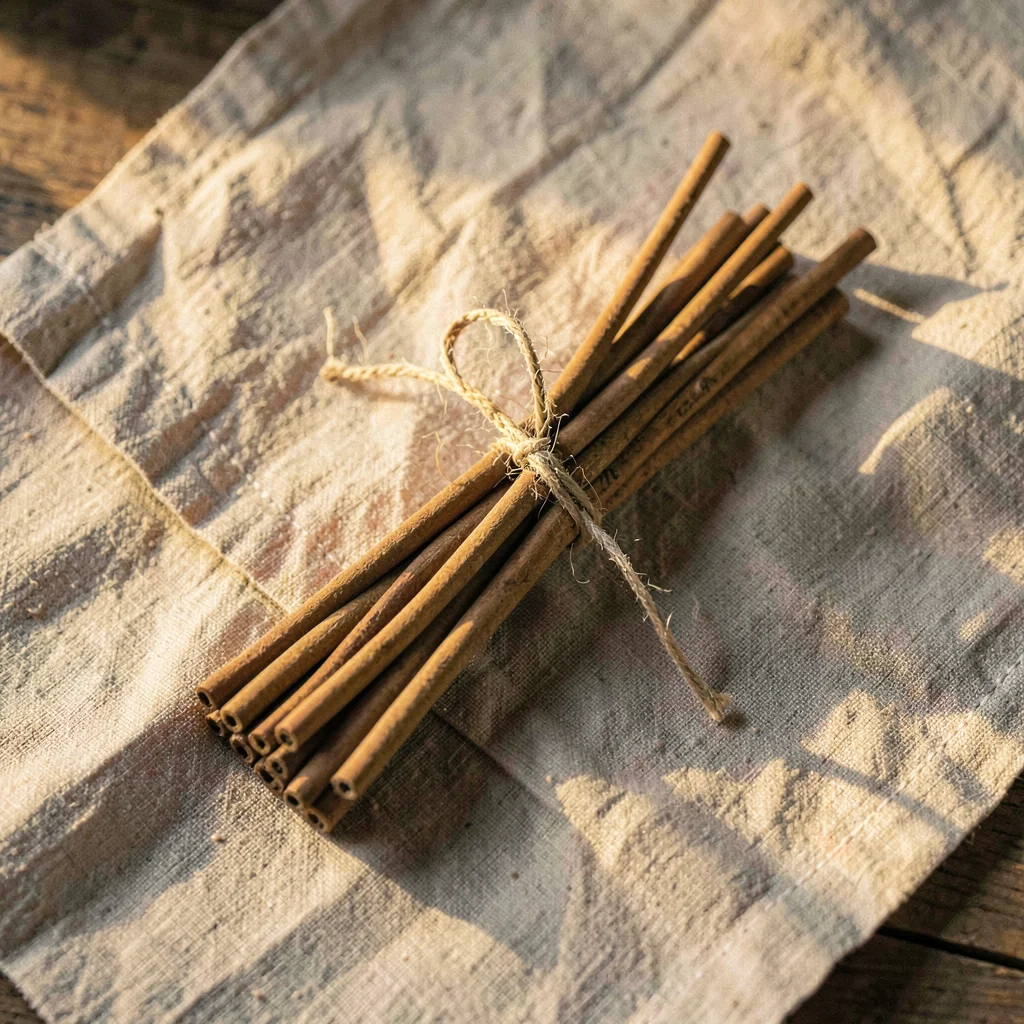 Warm-toned overhead of a small bundle of incense sticks tied with twine resting 