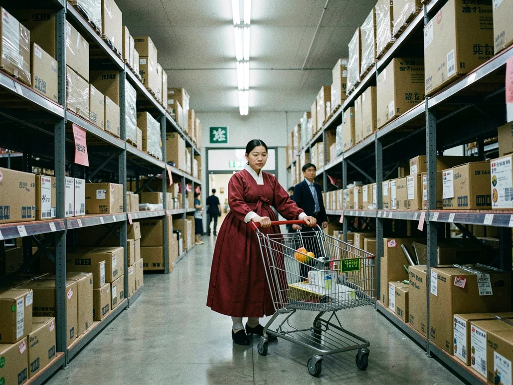 Crimson hanbok wearer pushing shopping cart through big box store warehouse aisl