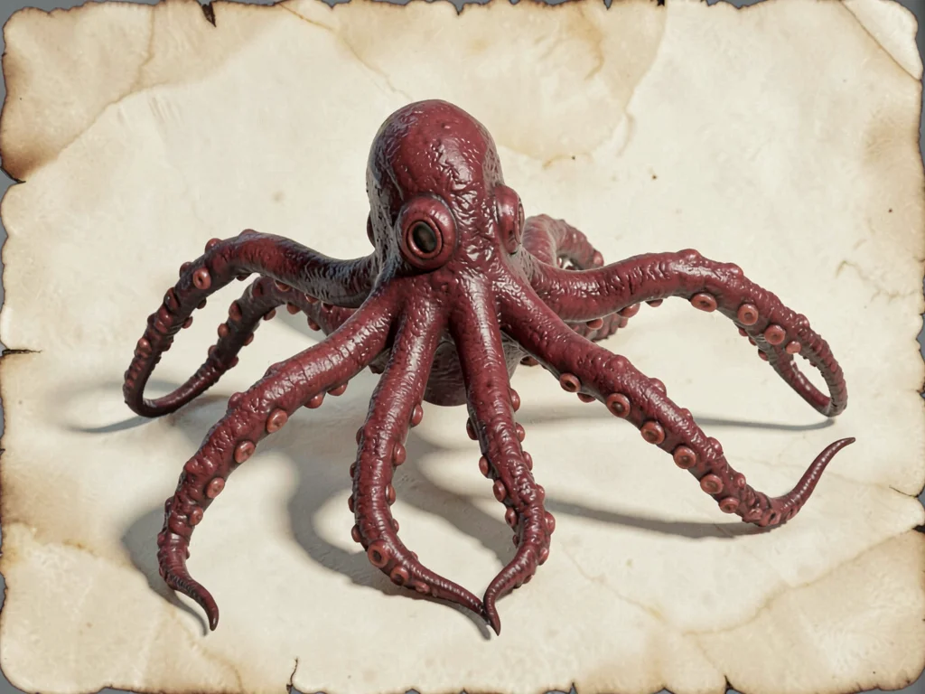 Reaching kraken with deep crimson hide and long suckered arms extending outward 