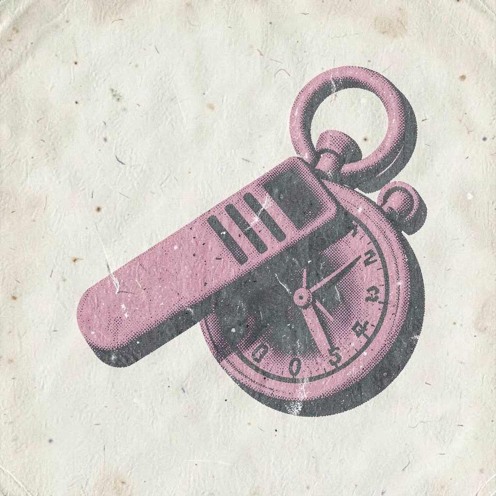 Bold riso flyer motif of a whistle and stopwatch silhouette in pink and slate in