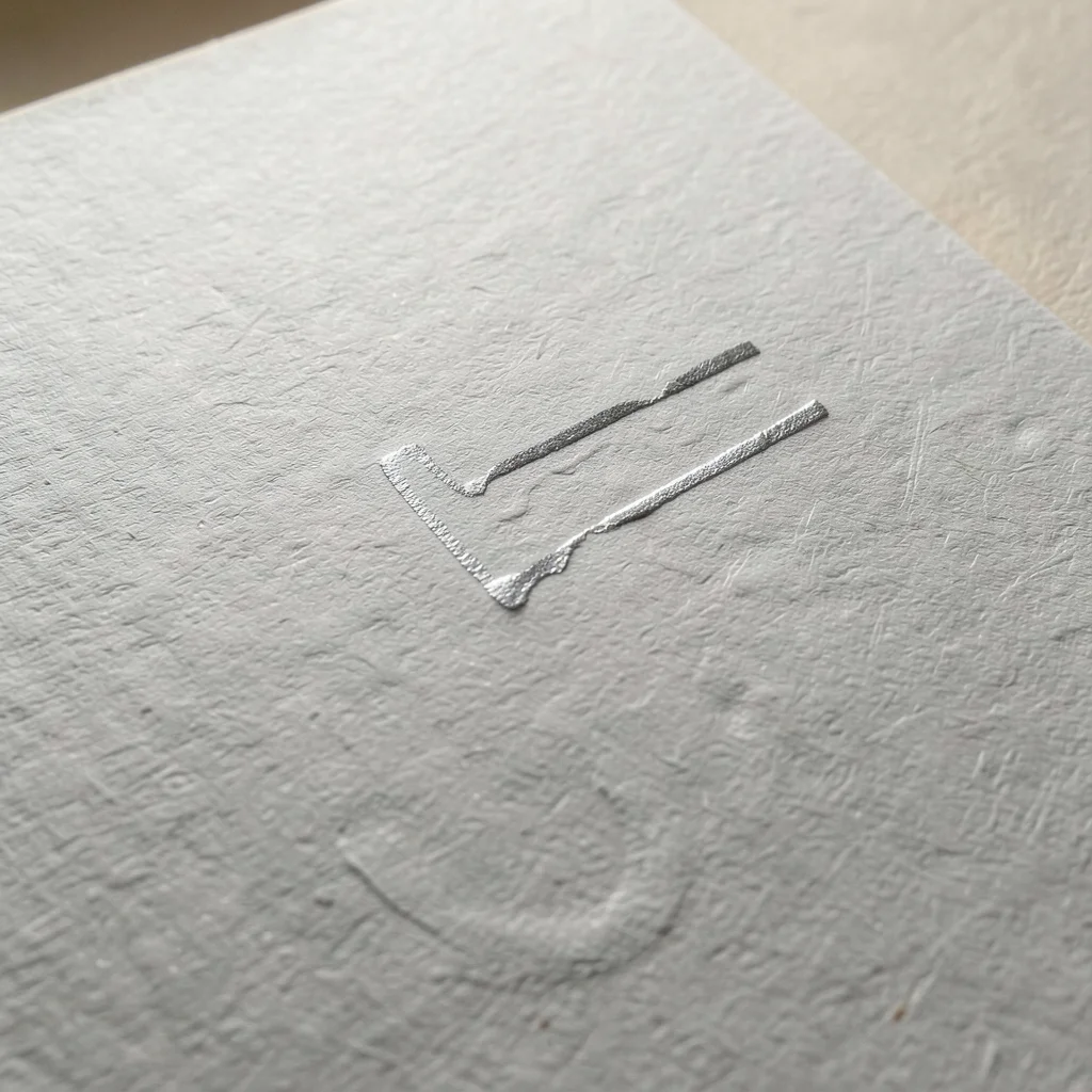Silver foil on uncoated paper, metallic stamp absorbing slightly into paper fibe
