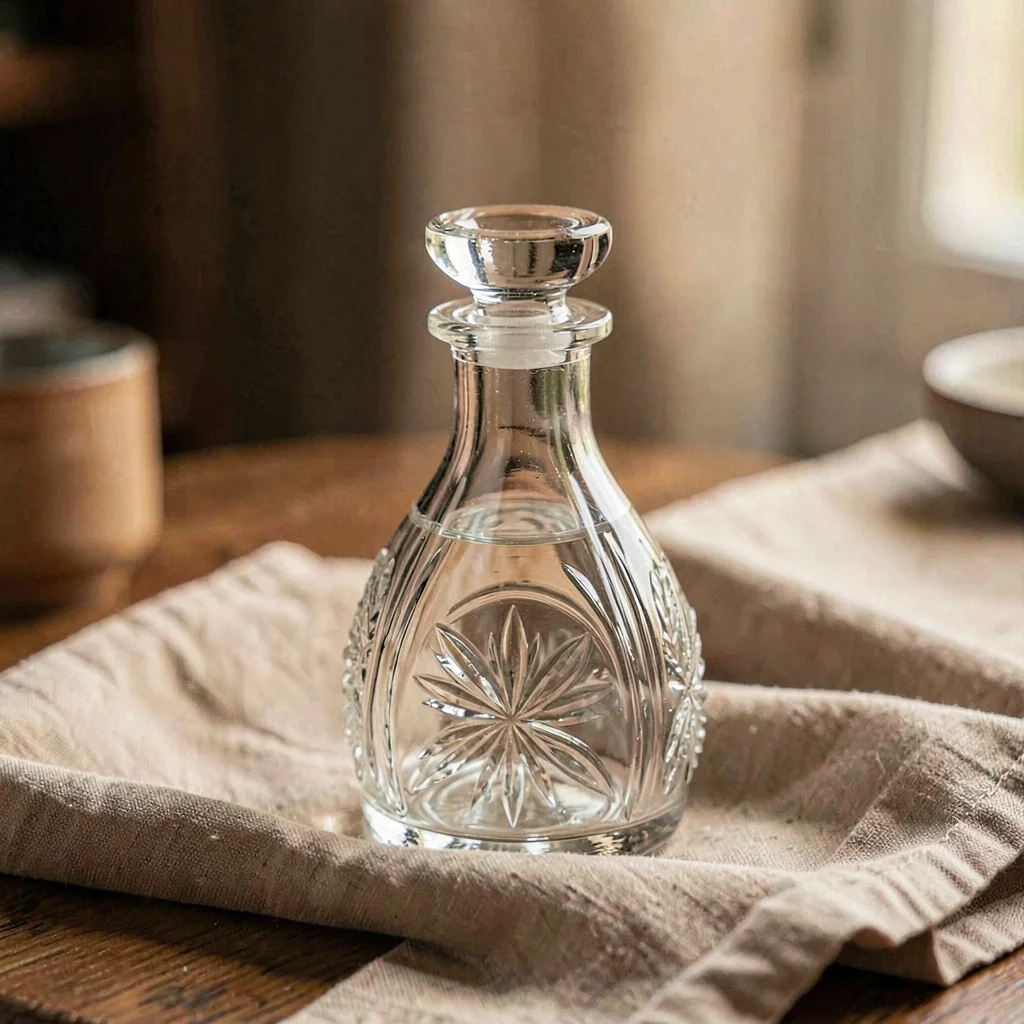 Warm macro of an etched glass decanter on a folded linen cloth