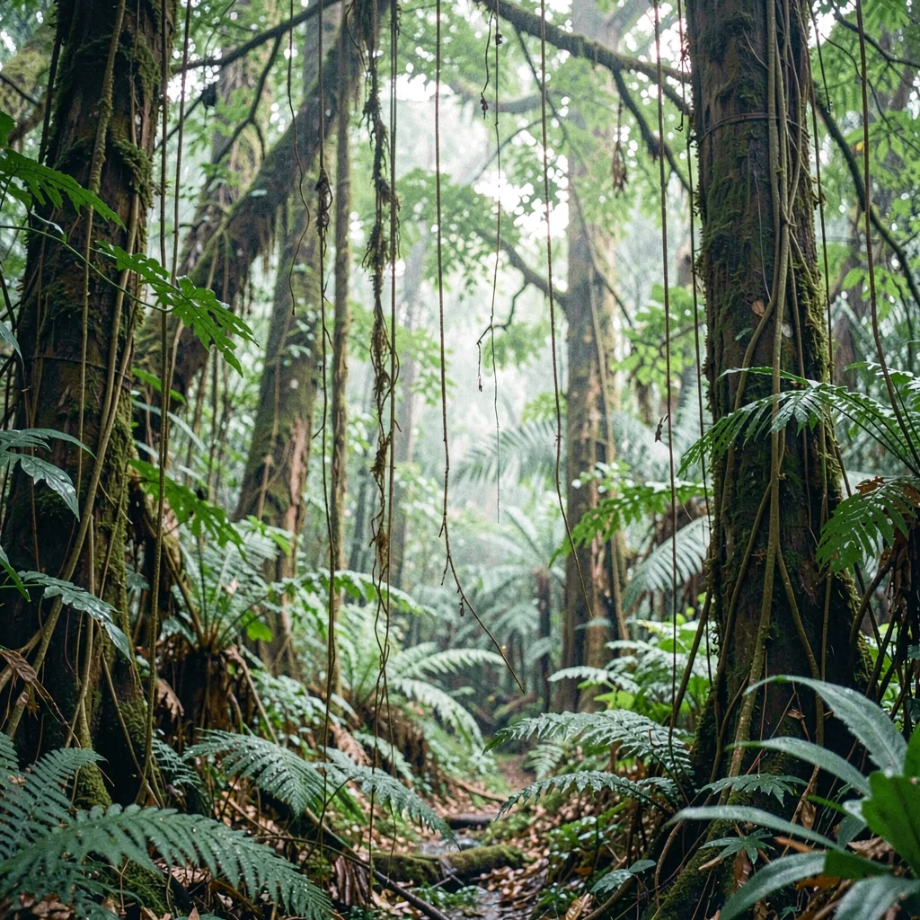 dense rainforest understory with hanging vines, lush palette