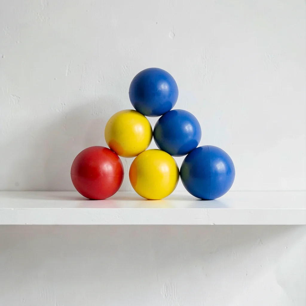 Primary-colored balls — red, yellow, blue — arranged in triangle on white shelf