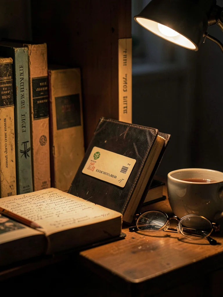 Vintage library card tucked into dark leather book