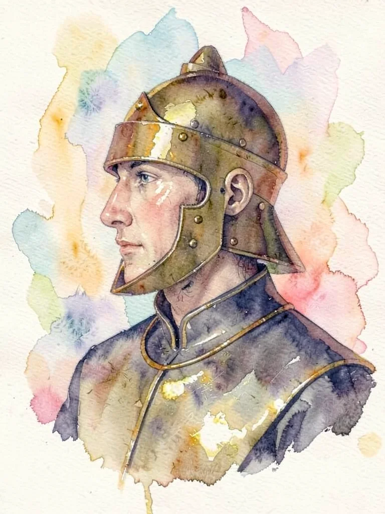 Profile portrait of a brass-helmeted figure, gauge rim glinting on the chest, sl