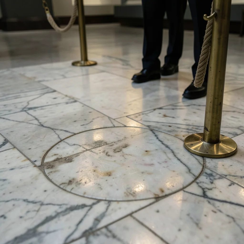 A marble museum floor directly in front of a security guard's standing post, the