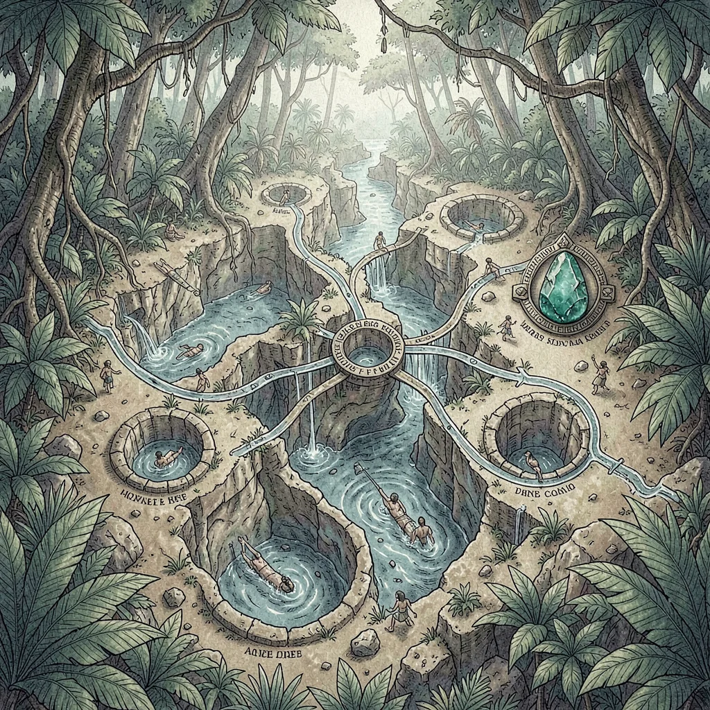 A Mayan jungle-cenote network map with sacred sinkholes connected by underground