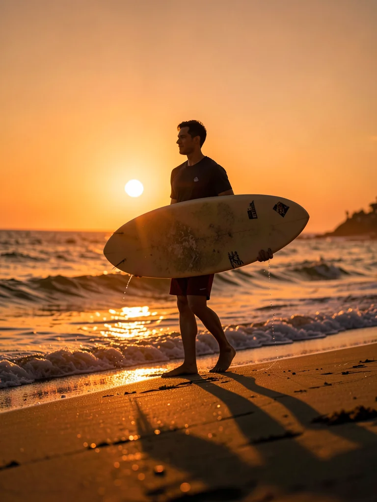 Surfer carrying board at sunset