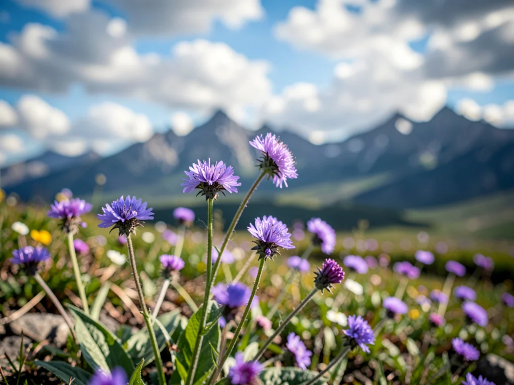 Tundra flowers to distant mountain range