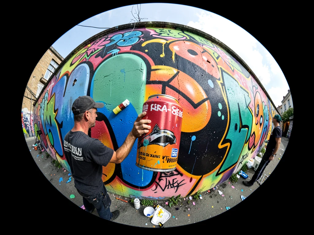 Graffiti artist spraying wall that curves away in both directions, paint can in 