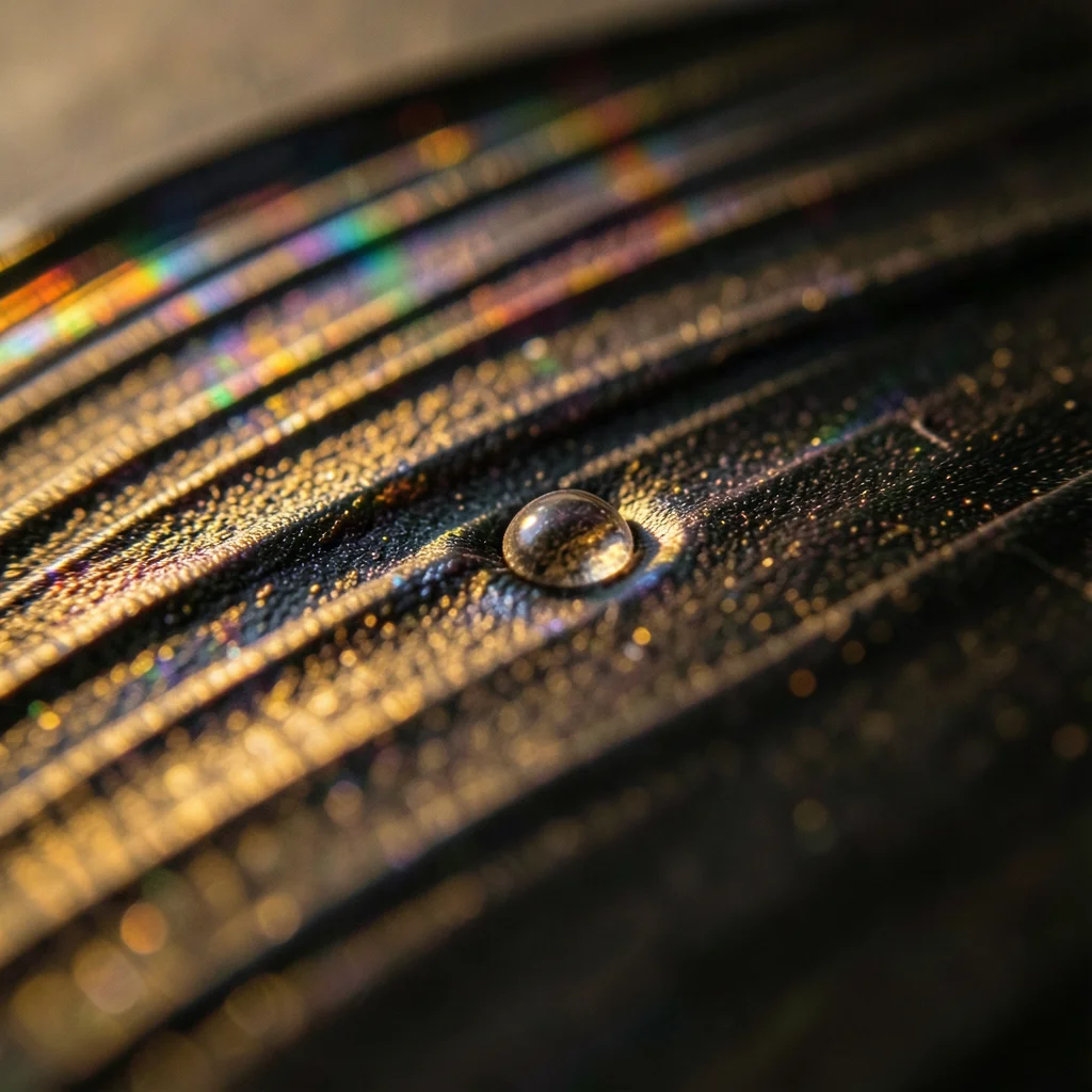 Vinyl pressing defect, tiny bubble in PVC visible as smooth dome interrupting gr