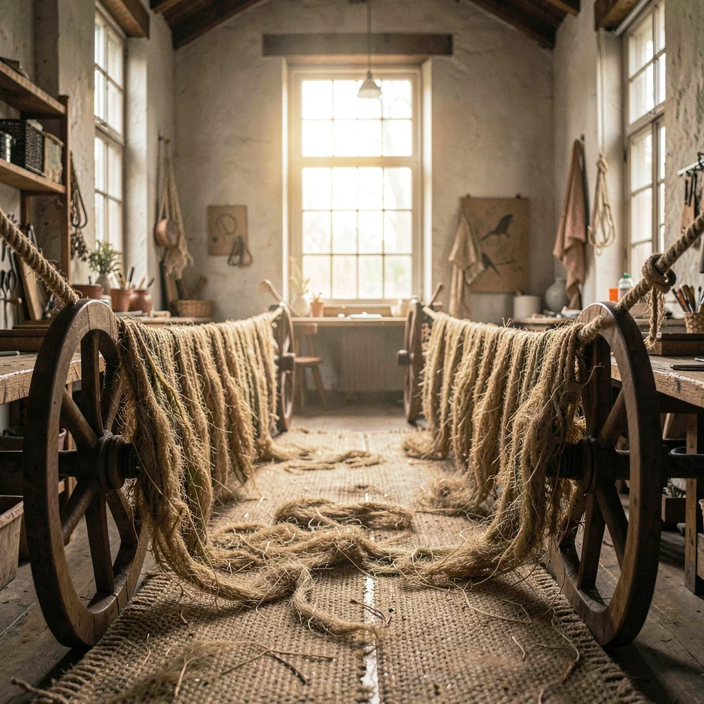 Atmospheric workshop interior of a long ropewalk with hemp fibers stretched betw