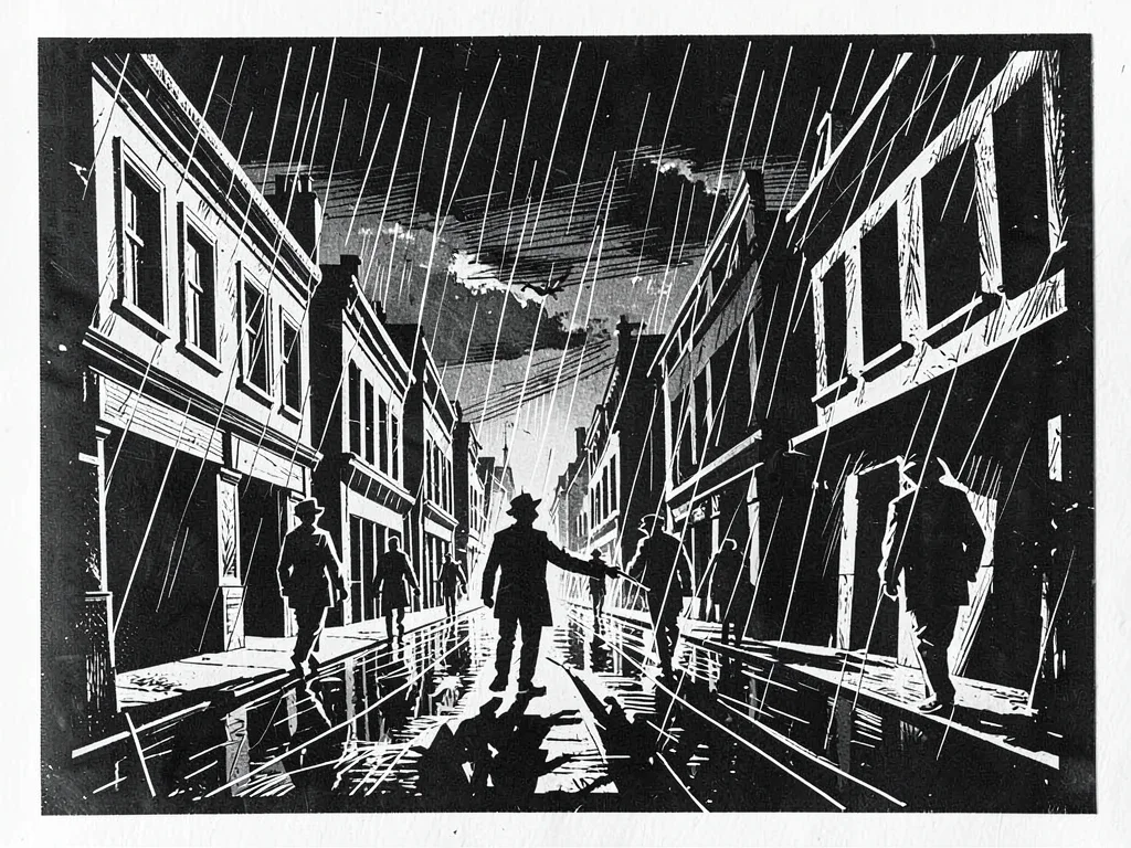 City street in heavy rain, figures as slashed angular shadows under a dark sky