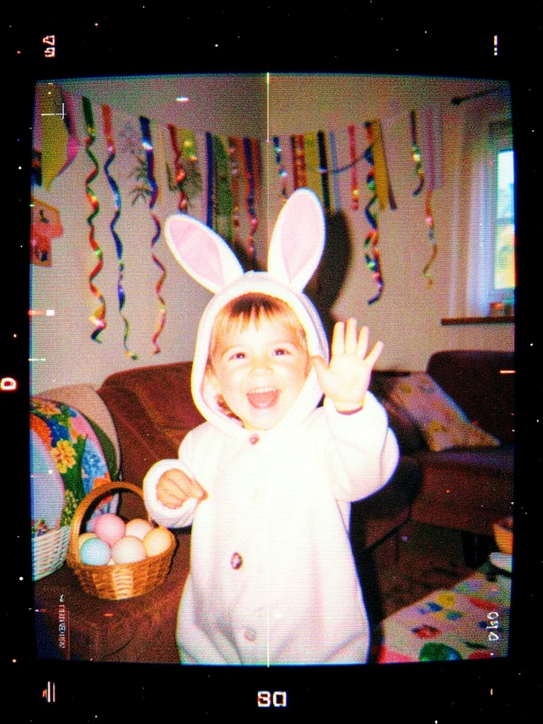 A child in a bunny costume waving at the camera, face frozen in delight with cha