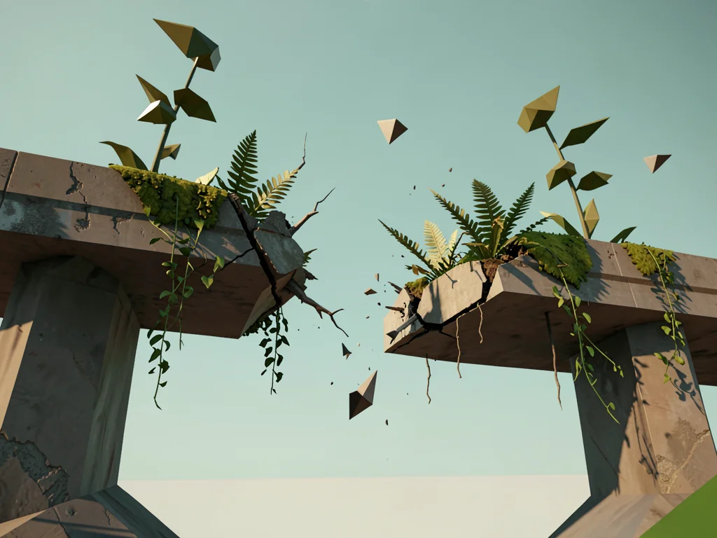 Lowpoly highway overpass cracked open mid-span, faceted ferns and angular saplin