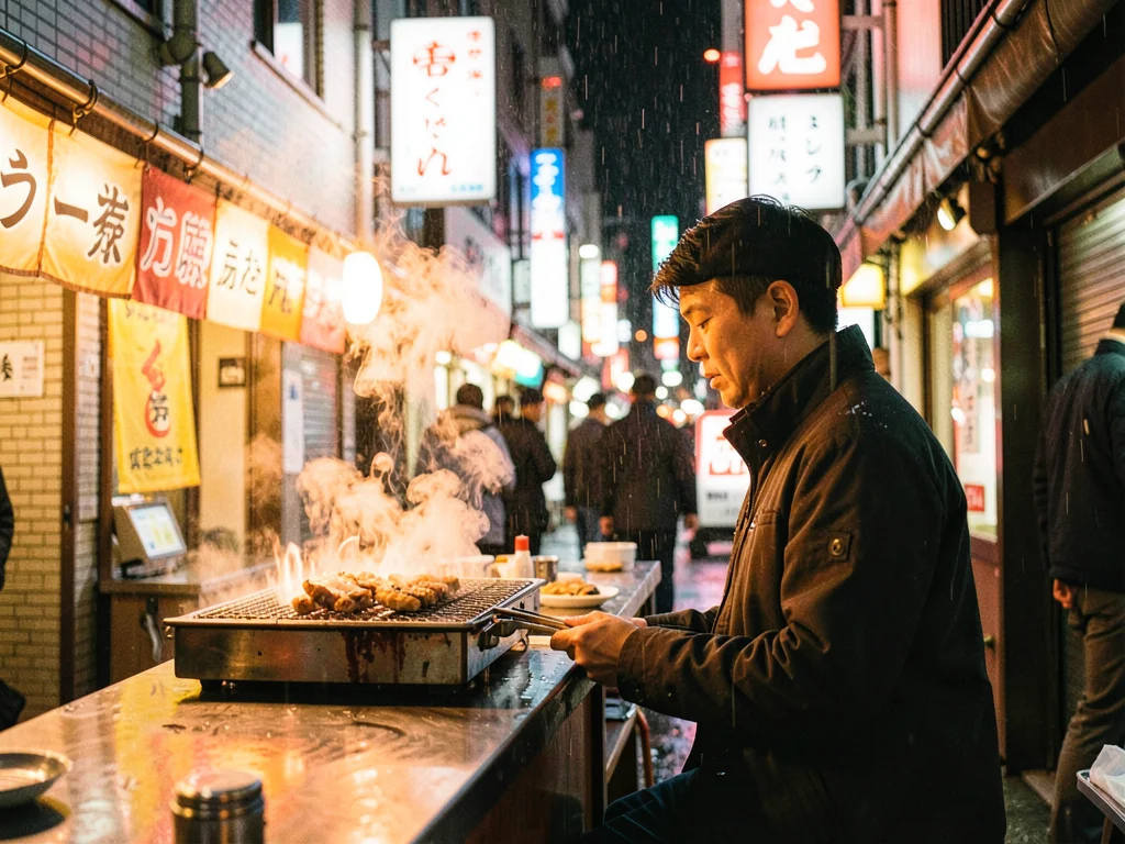 Night yakitori alley — single figure at the counter, smoke from grill, warm ambe