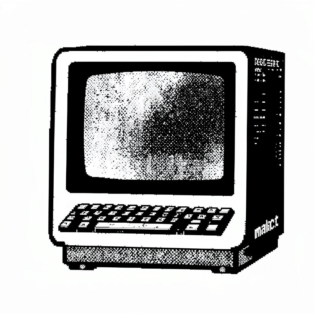 1-bit dithered illustration, old computer with screen , black and white only, di
