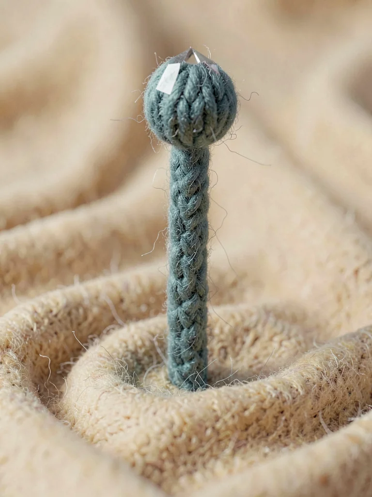 Tipped dusty-teal knit wizard-staff with a faceted bobble crystal at the head, o