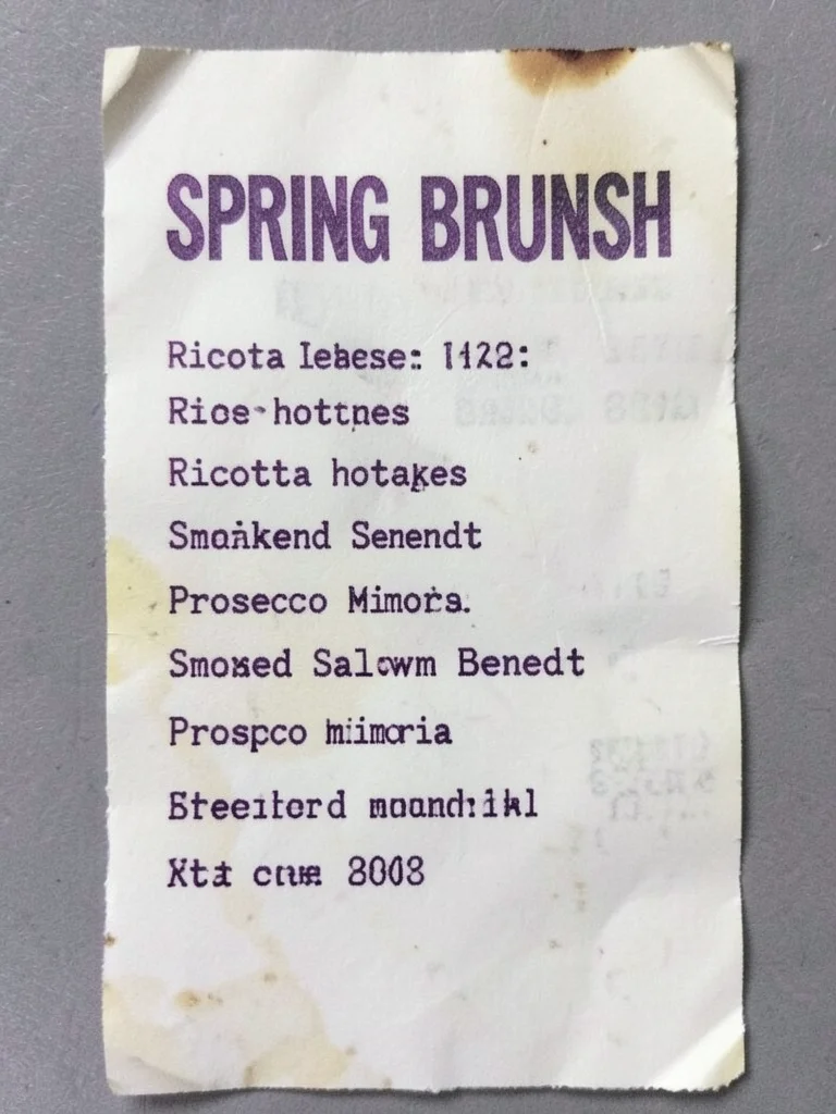 An itemized receipt for "SPRING BRUNCH" listing elaborate dishes — ricotta hotca