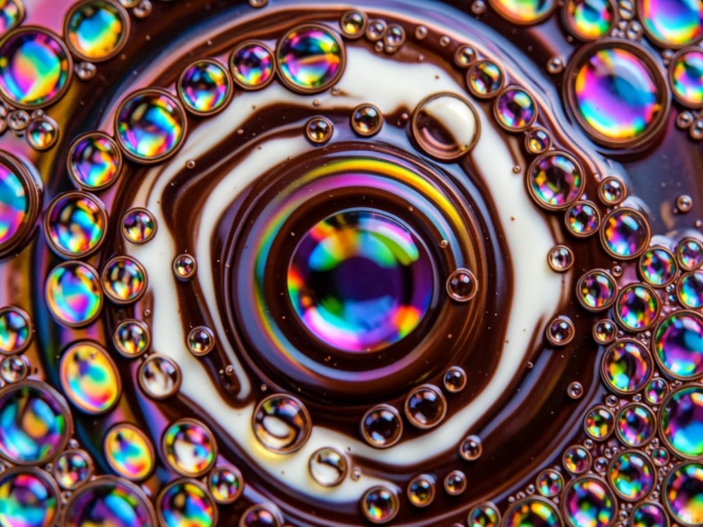 Macro of chocolate tempering, swirling dark and milk chocolate creating marble p