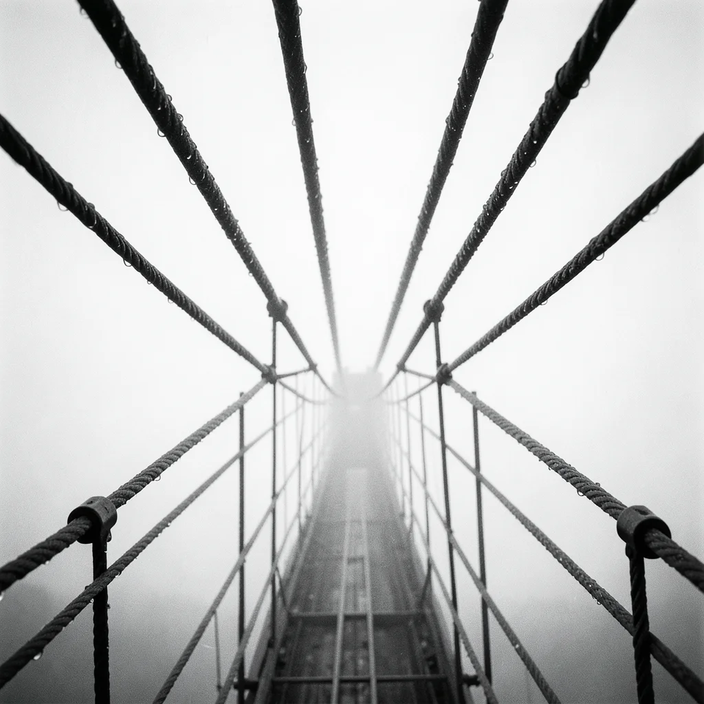 The steel cables of a suspension bridge converging toward a vanishing point in f