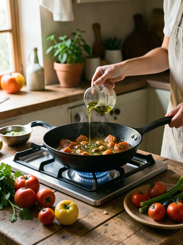 Person pouring olive oil into a cast iron pan on a gas stove, kitchen action