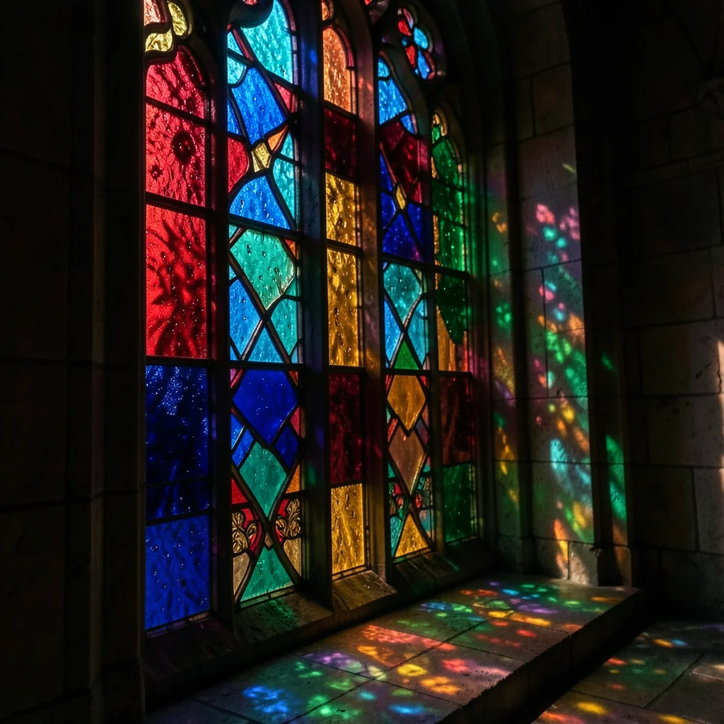 Close-up of medieval stained glass: the lead came joints visible, individual pie