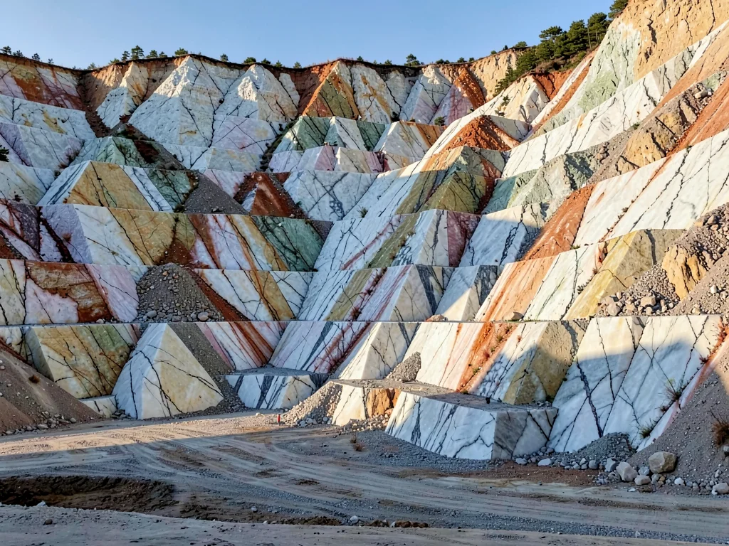 Quarry face in afternoon light showing color variation