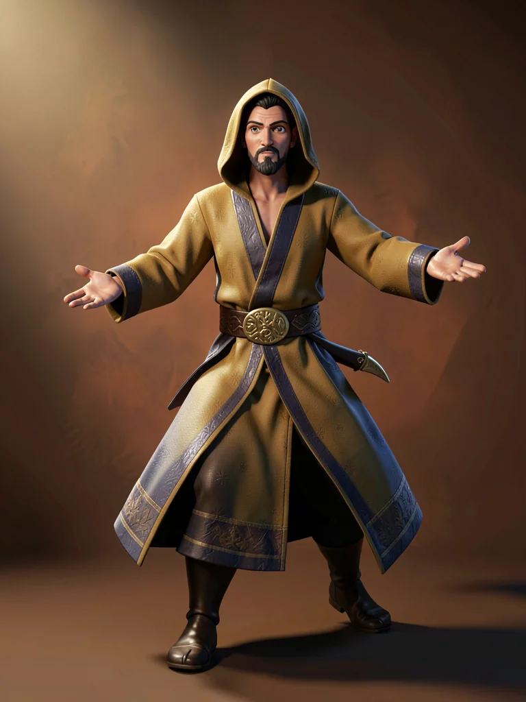 Maghrebi-coded mage in ochre-and-indigo flowing robes with brass-coin belt, curv