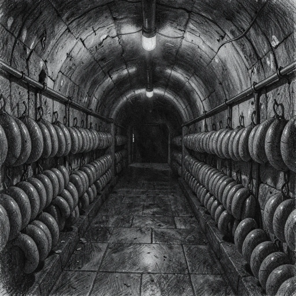 Charcoal drawing of a dim curing cellar with rows of sausages receding into shad